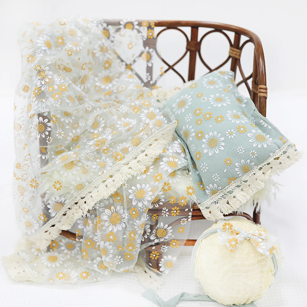 Newborn Photography Props Wrap+Pillow+Headband Daisy Flower Soft Transparent Tulle For Baby Photo Shoot  Background Accessories