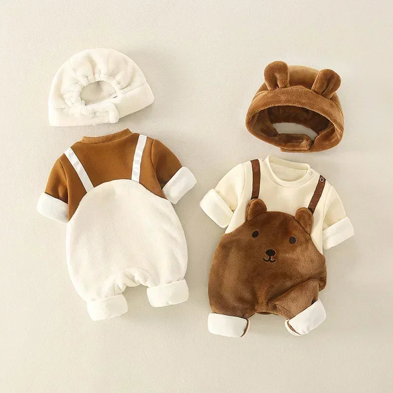 Winter Newborn Baby Cute Bear Warm Strap jumpsuits sets