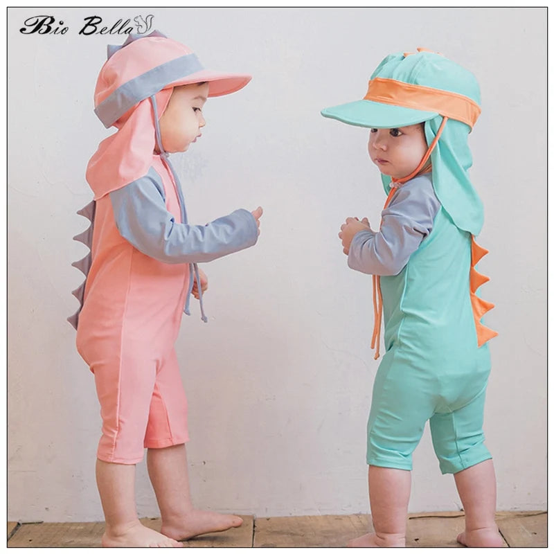 Baby Dinasour Swimwear Fashion Cartoon Sunscreeen Hat Romper Long Sleeve Swimable Beachwear Boy Girls 1-7 Year Kids Wetsuit
