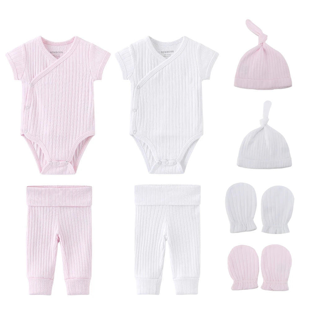 New Born Bodysuits+Pants+Hats+Gloves 8 Pieces Set 100%Cotton