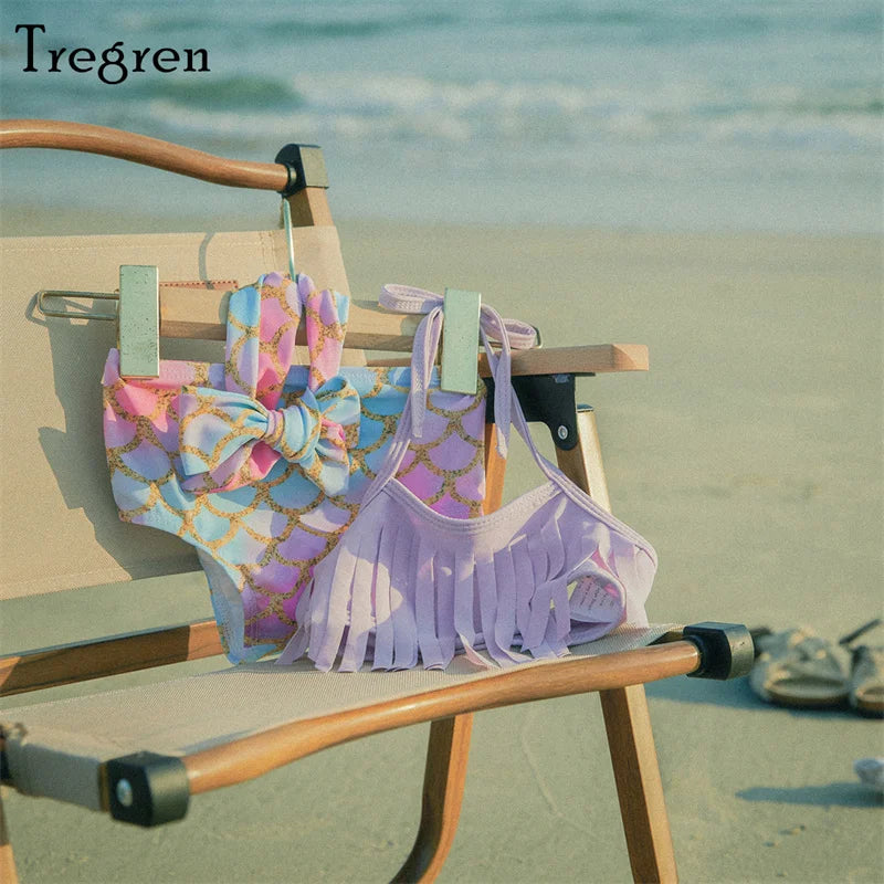 Tregren Toddler Baby Girls Swimsuit Beach Bikini Halter Tassel Fish Scale/Watermelon Print Swimwear Summer Swimming Bathing Suit