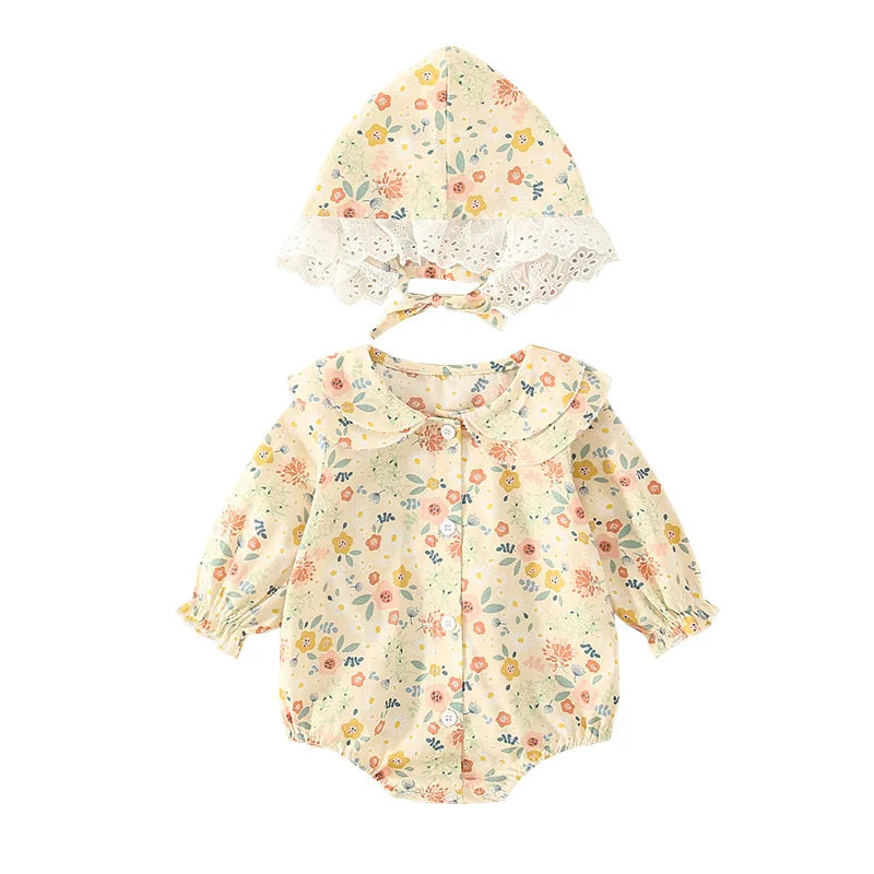 Summer Baby Girls Bodysuit+Hat Cotton Peter Pan collar Ruffles