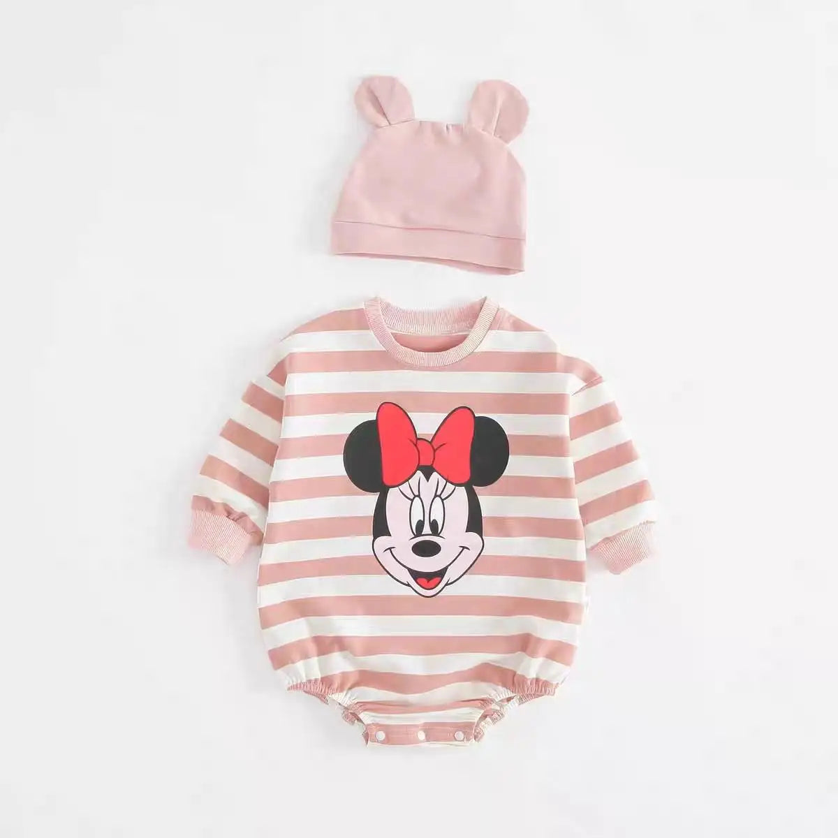 Striped Mickey Baby Long Sleeve Cotton Bodysuit With Hat