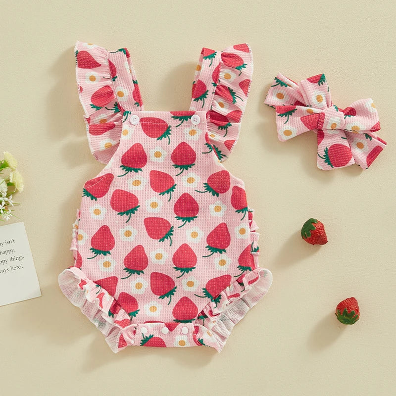 Baby Girls Bodysuit and Headband Strawberry/Flower/Cherry Print