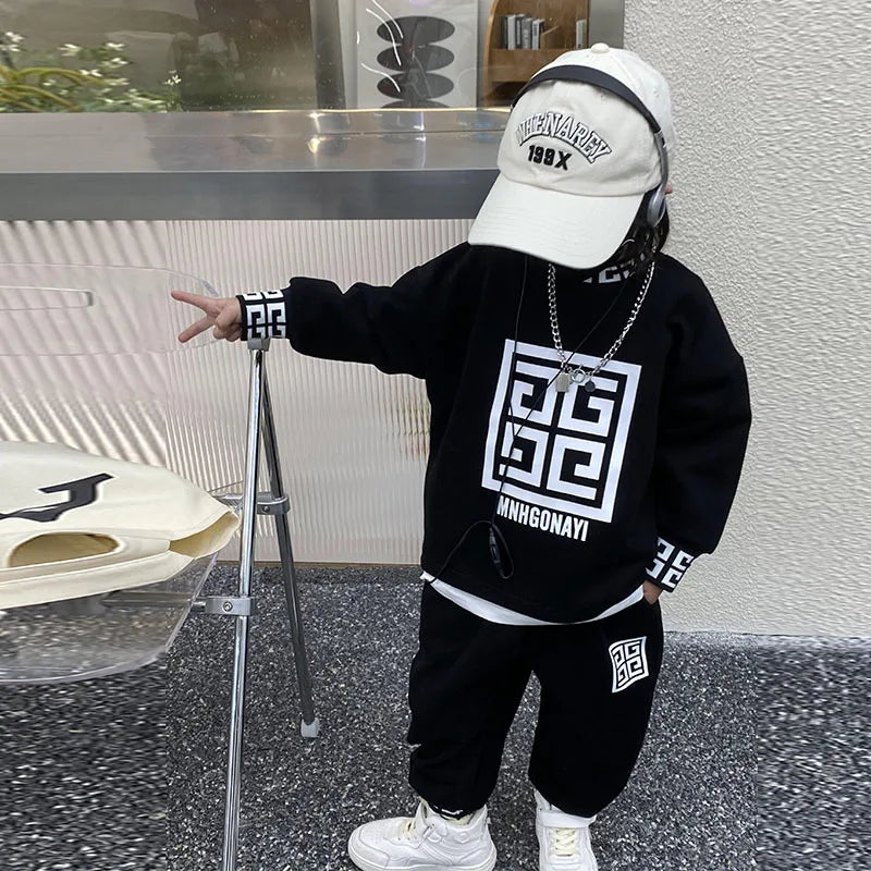 Boys Sweatshirt Suit Spring Autumn New Children's Fashion Printed Long Sleeve Tops Casual Pants 2 Pcs Infant Sports Clothes 1-8Y