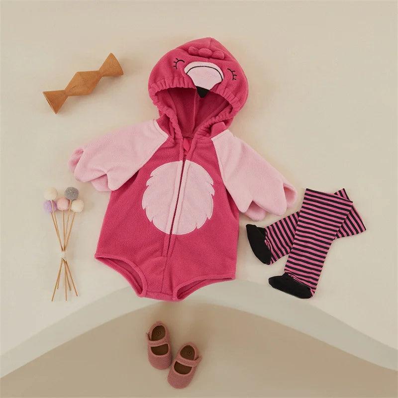Tregren 0-24M Infant Baby Girls Romper Sets Flamingo Long Sleeve Hooded Zipper Bodysuit With Wings Socks Fall Halloween Costumes