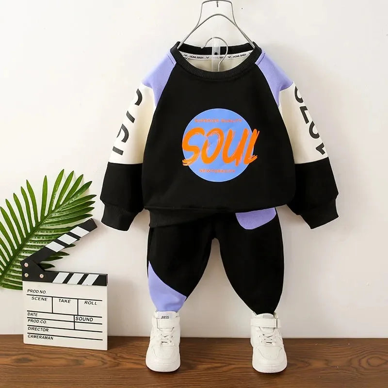 Boy Long Sleeve Letter Patchwork O-Neck Sweatshirt 2Pcs Suit