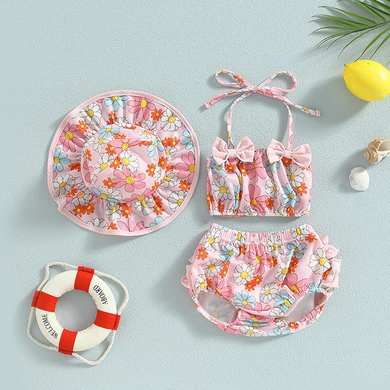 EWODOS 0-24Months Toddler Baby Girl 3pcs Swimsuits Summer Fruit Print Bandage Halter Sleeveless Tops Beach Shorts and Hat Sets