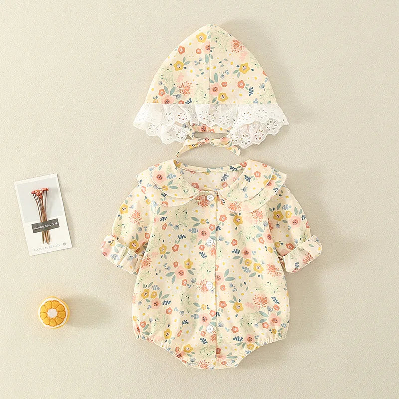 Summer Baby Girls Bodysuit+Hat Cotton Peter Pan collar Ruffles