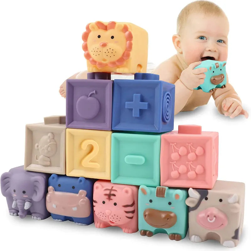 Baby Sensory Teether Toys Building Silicone Blocks Grasp Toy 3D Silicone Building Blocks Soft Ball Kid Rubber Bath Cube Baby Toy