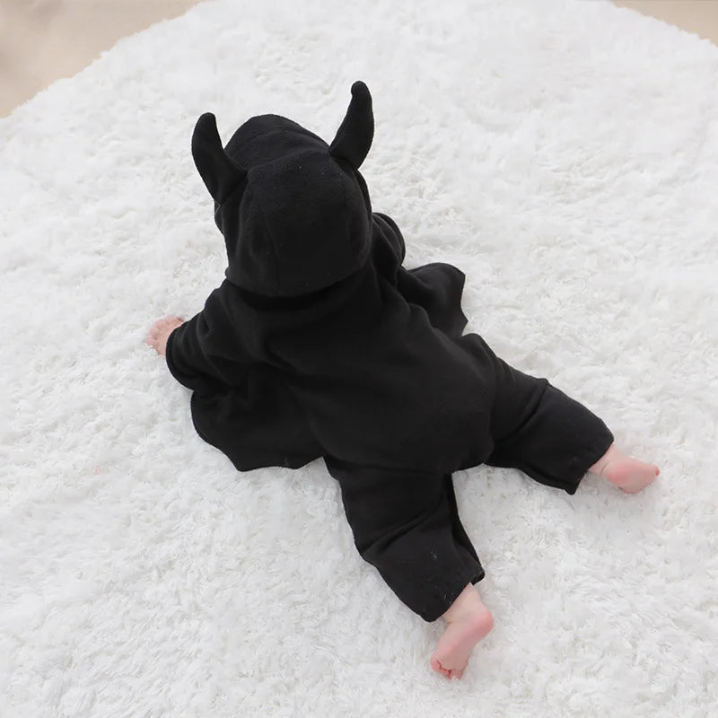 Halloween Autumn Baby Boys Bat Costume Cotton Hooded Long Sleeve Solid Newborn Boys Bodusuit Thick Fleece Infant Boys Rompers