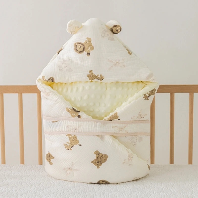 Cotton Flannel Baby Blanket Swaddle Hooded Cartoon Bear Print Winter Warm Baby Quilt Fleece Thickened Newborn Sleeping Bag