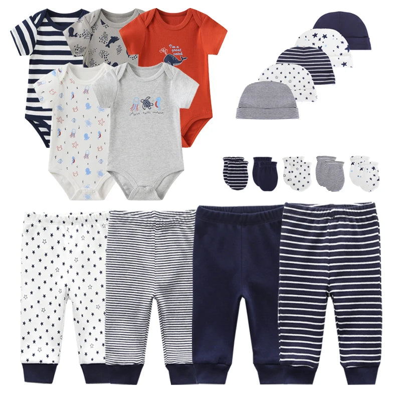 Baby Bodysuits+Pants+Hats+Bibs Cotton Sets