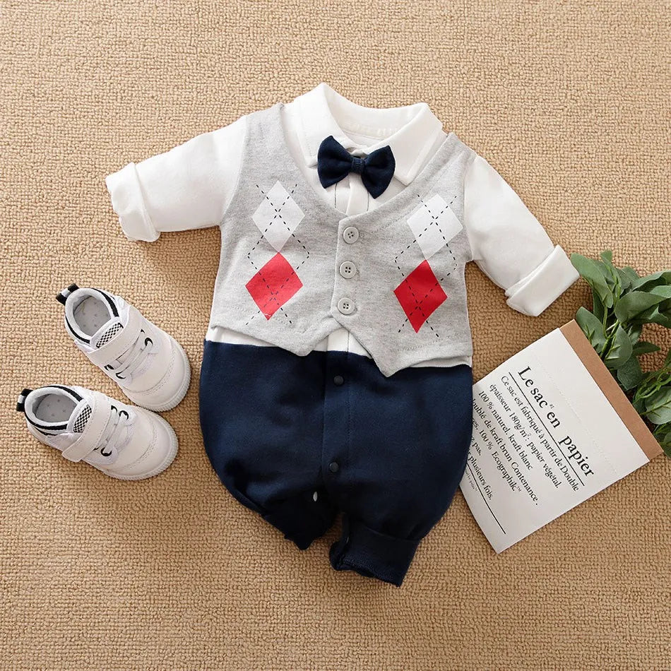 Newborn Formal Suit Baby Boy Clothes Bow Tie Tuxedo Jumpsuit