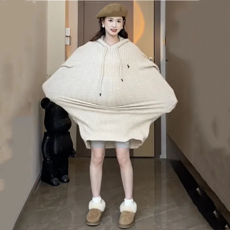 Maternity Autumn Winter Knit Dresses Clothes For Pregnant Women 2023 New Casual Hooded Loose Solid Pregnancy Long Sweater