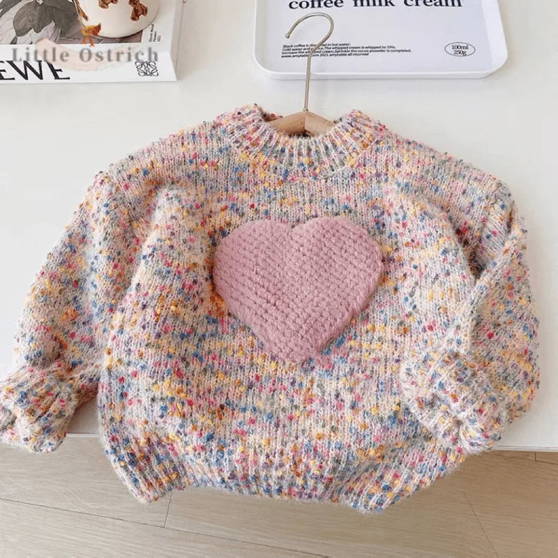 Baby Girl Cotton Heart Sweater Infant Toddler Child Long Sleeve Knitted Hoodie Casual Warm Thick Pullover Baby Clothes 12M-7Y
