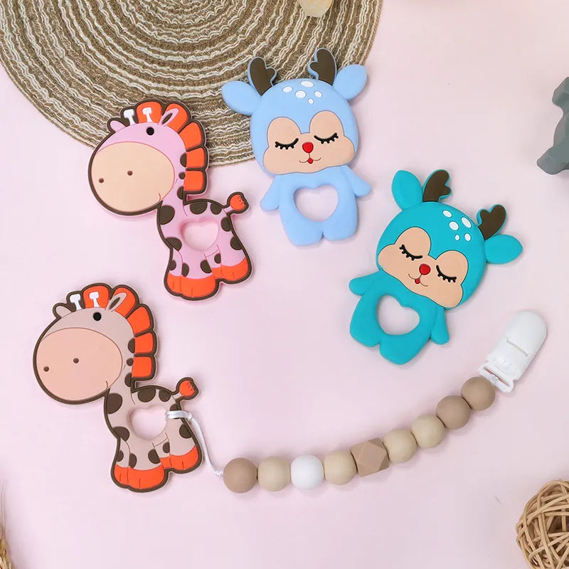 TYRY.HU 1Pc Baby Silicone Teether BPA Free Cartoon Frog Deer Teething Necklace Pendant Nursing Teeth Gift Baby Silicone Teether