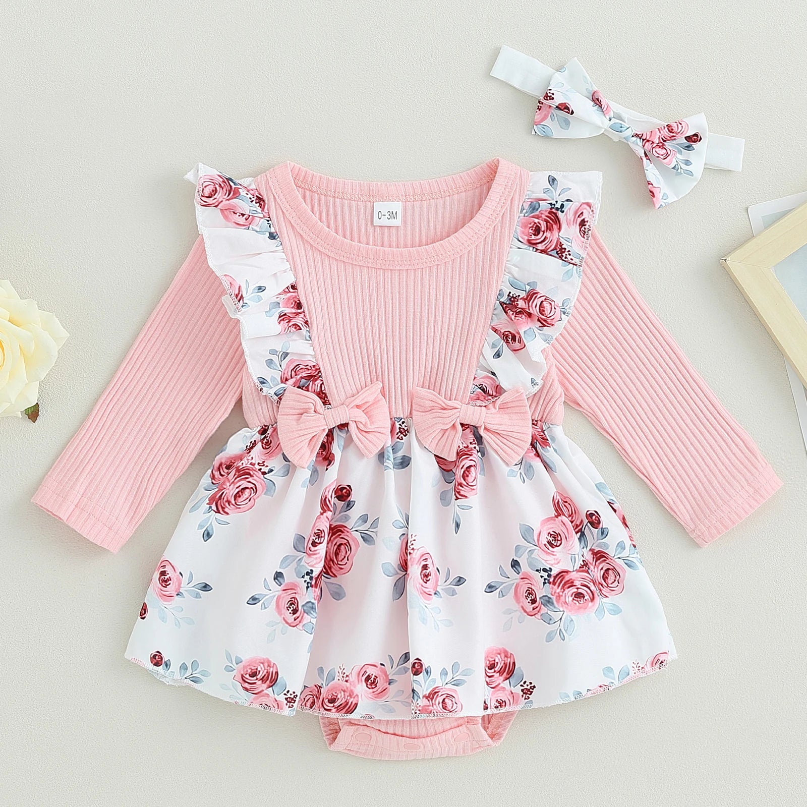 BeQeuewll Infant Girl Rompers Dress Rib Knit Floral Print Skirt Hem Jumpsuits Newborn Clothes Baby Bodysuits with Headband