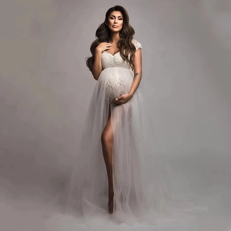 Sexy Maternity Photoshoot Tulle Dresses Black/White Premama Slim Lace Bodysuit Pregnant Woman Photography Prop Long Mesh Dress