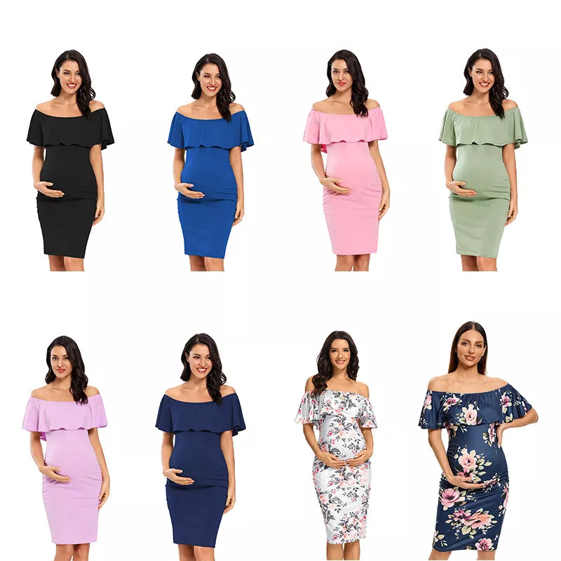 Women's Maternity Dress Off Shoulder Ruffle Sleeveless