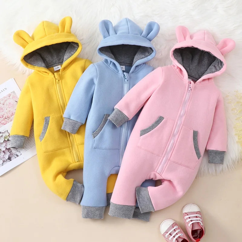 New Cute BABY Newborn Baby Boy Girl Clothes Long Sleeve Hoddies Bear Zipper Baby Romper Clothes Autumn Winter Wear 0-18M