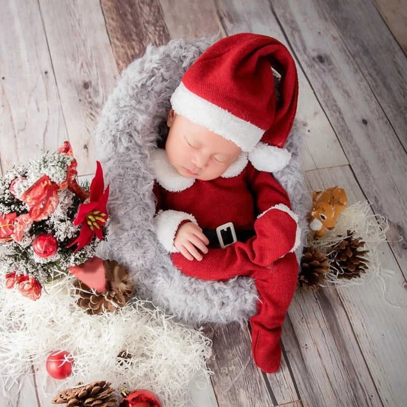 Newborn Photo Props Santa Clause Hat Footed Romper Pants Posing Props Baby Photography Bodysuit Infant Christmas Costume