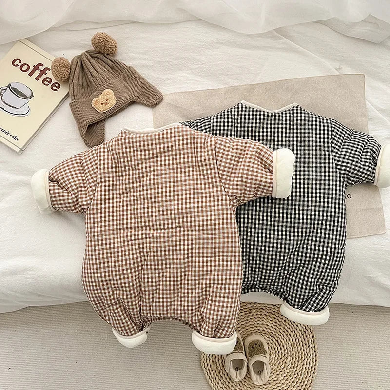 Winter Baby Girls Boys Rompers Infant Thicken Cotton Jumpsuit Korean Checkered Long Sleeve Bodysuits Newborn Baby Clothes ملابس