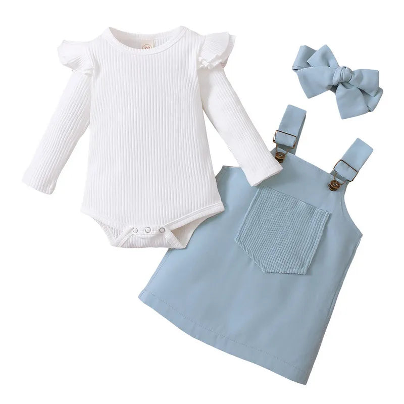 Newborn Baby Girl Front Pocket Suspender Skirt Headwear Set 0 to 18 Months