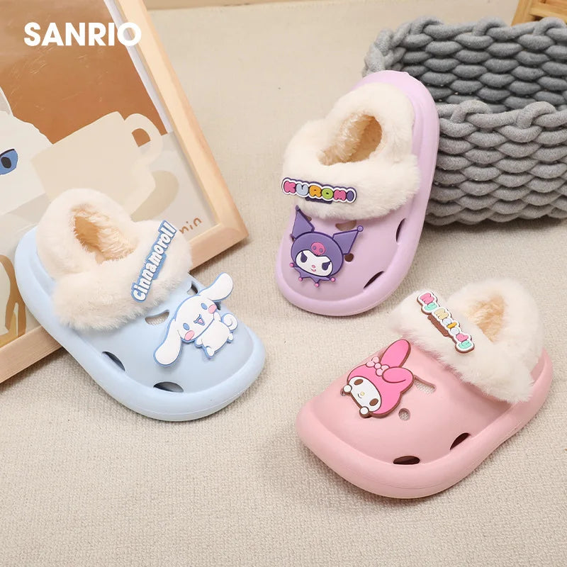 Sanrio Hello Kitty Slippers Cinnamoroll Baby Shoes Winter Childrens Detachable Cotton Slippers Bag Girl Home Non-Slip Warm Shoes