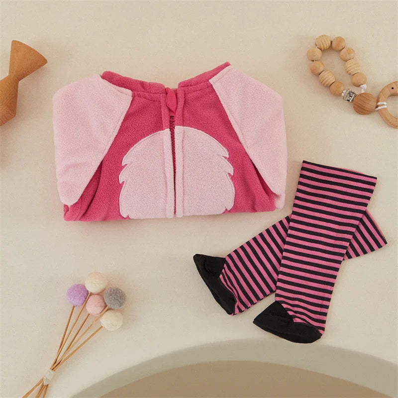 Tregren 0-24M Infant Baby Girls Romper Sets Flamingo Long Sleeve Hooded Zipper Bodysuit With Wings Socks Fall Halloween Costumes