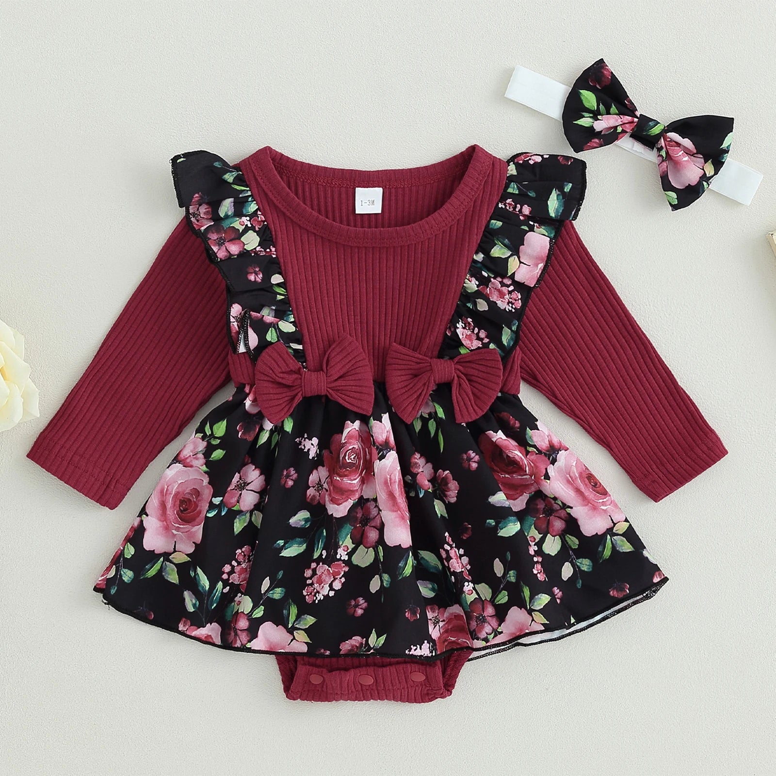 BeQeuewll Infant Girl Rompers Dress Rib Knit Floral Print Skirt Hem Jumpsuits Newborn Clothes Baby Bodysuits with Headband