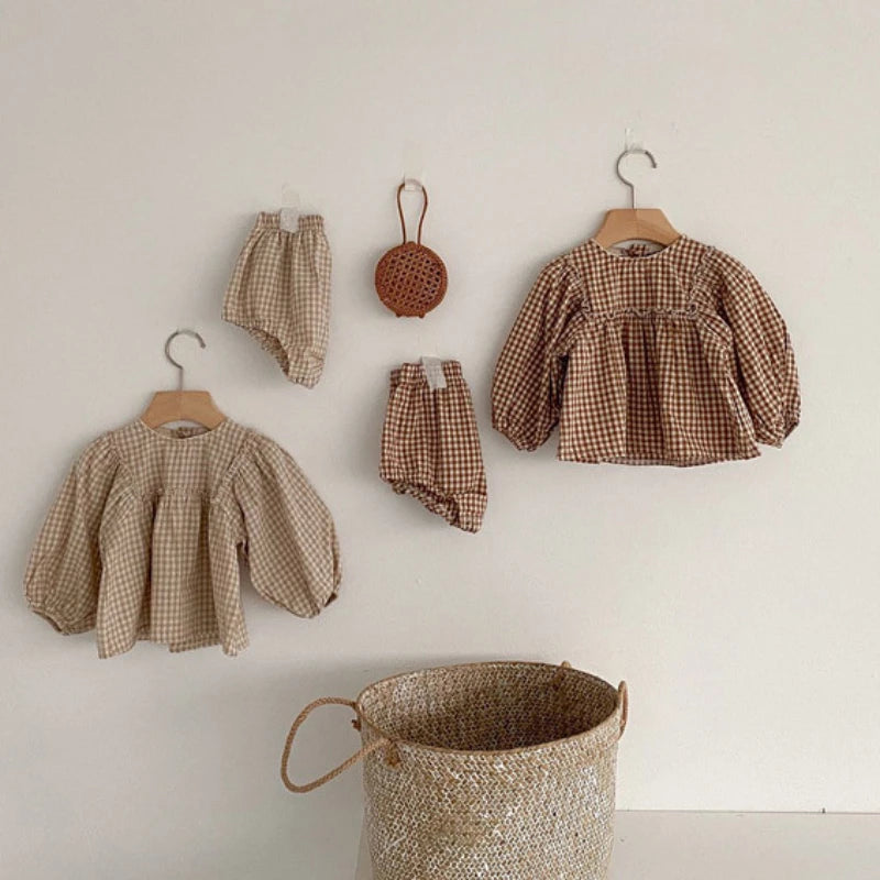 Spring Toddler Baby Girls Set Cotton Plaid Blouse and Shorts Sets