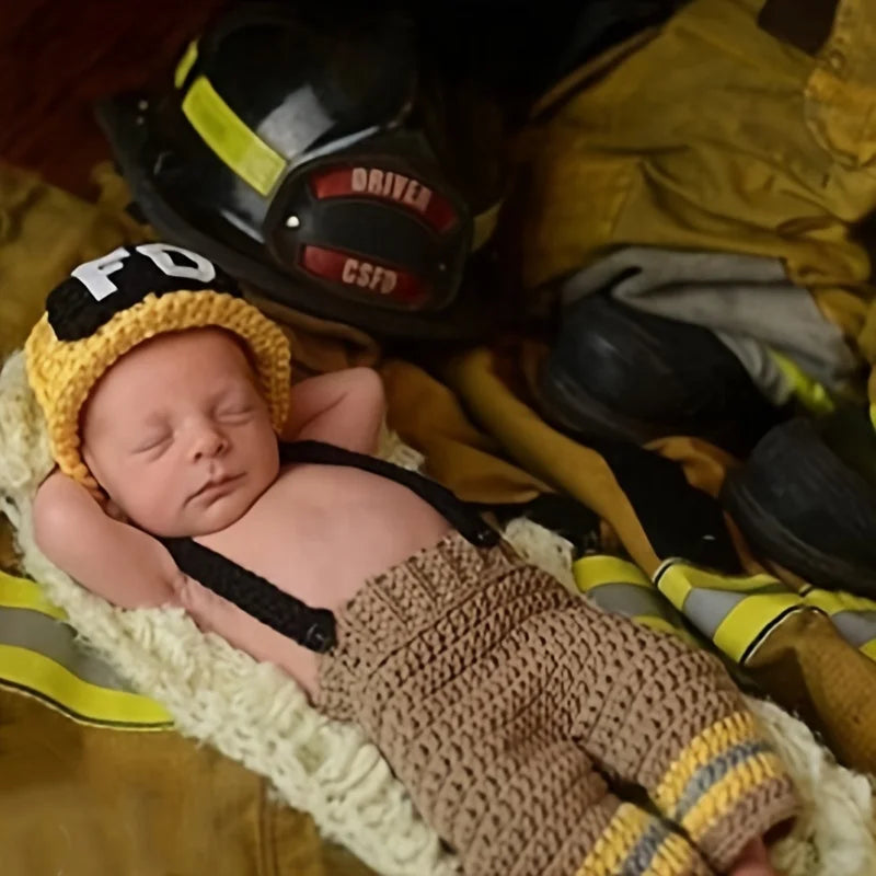 Newborn Crochet Firefighters Photography Props Knitted Infant Baby Cosplay Fireman Costume 0-3 Months