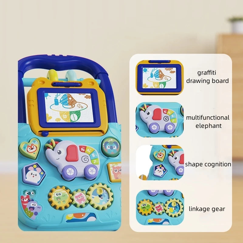 Baby Drag Walker with Wheel Kawaii Elephant Musical Toy Push Walking for Toddler Multifunction Activities Baby 1-3 Years Old