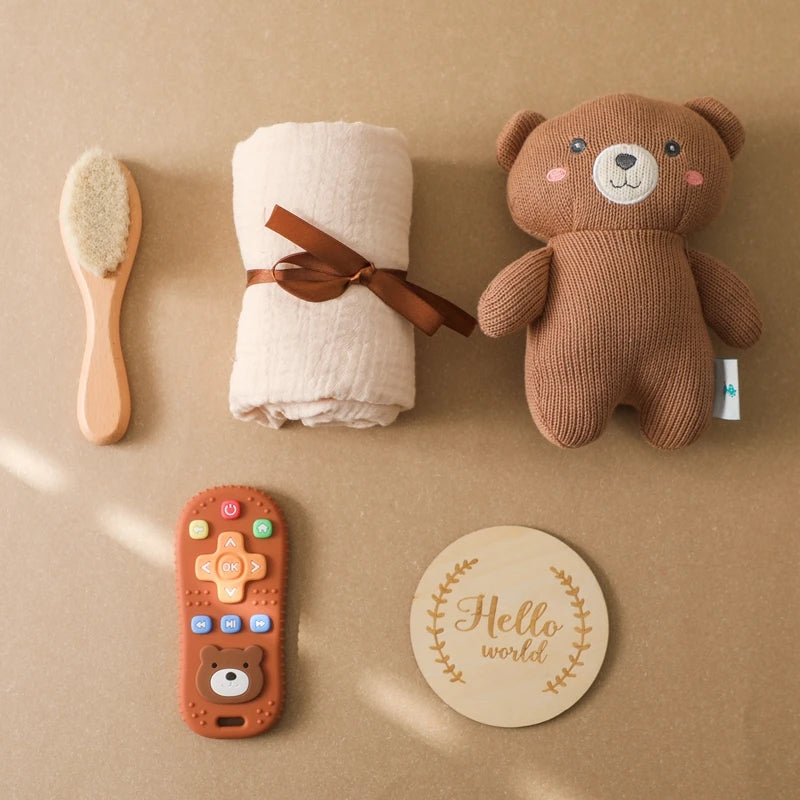 Baby Crochet Bear Teething Toys Cotton Towel Gift Box Bath Toys Set