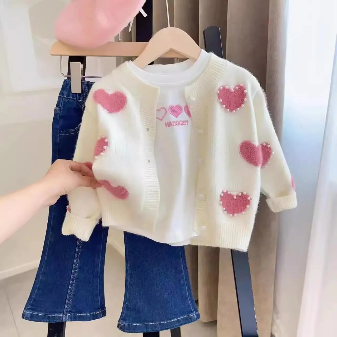 Children's Clothes Valentine's Day Baby Girl Love Cardigan Sweater Bottoming Shirt Casual Jeans Three-piece Children's Suit