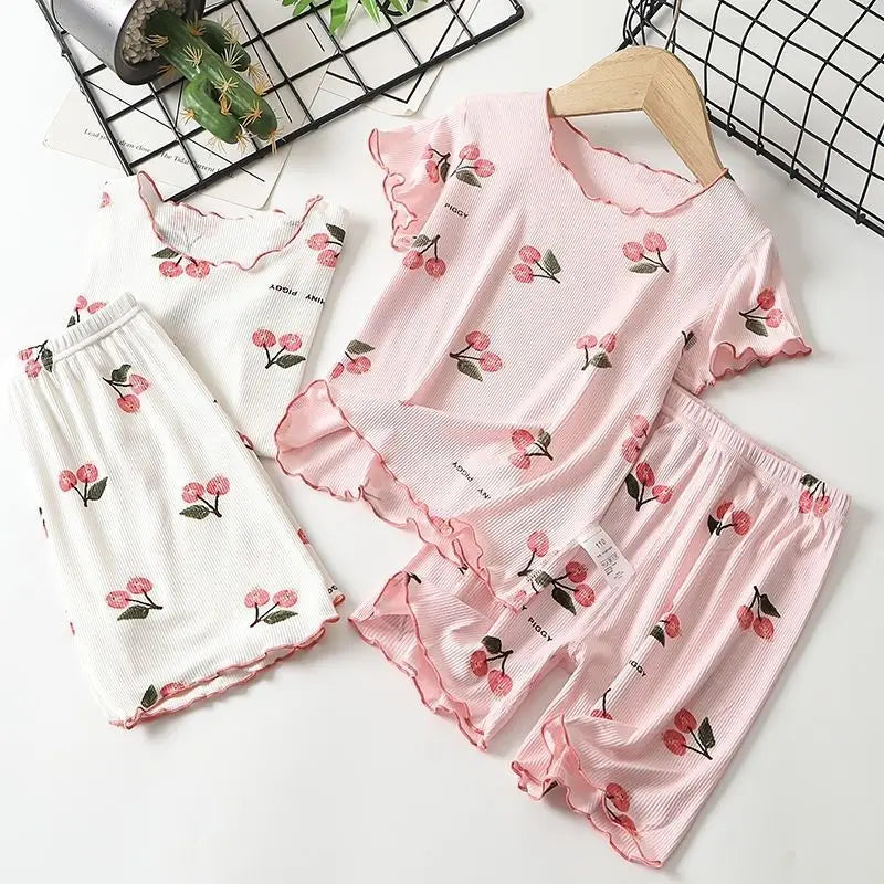 Korean Kids Summer New Pajamas Set Cute Cherry T-shirt Baby Girl Clothes Short Sleeves Tops Shorts 2PCS Toddler Home Loungewear
