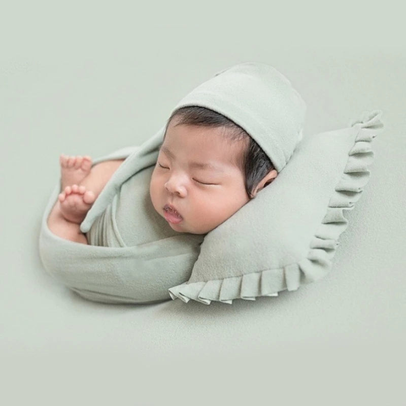 Newborn Photo Props Pillow & Wrap Blanket & Muslin Hat Set Baby Photography Clothing Infant Photo Blanket for Boys Girls