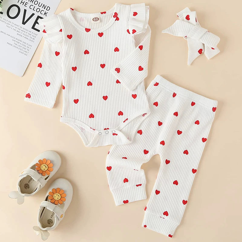 Infant Baby Ruffles Bodysuits + Pants + Headband 3Pcs