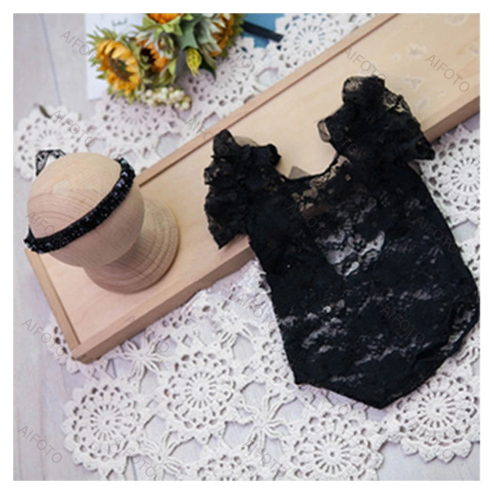 Newborn Photography Props Girl Dresses Black Lace Headband Set Outfits Bodysuits Romper For Baby Photo Shoot Studio Accessories