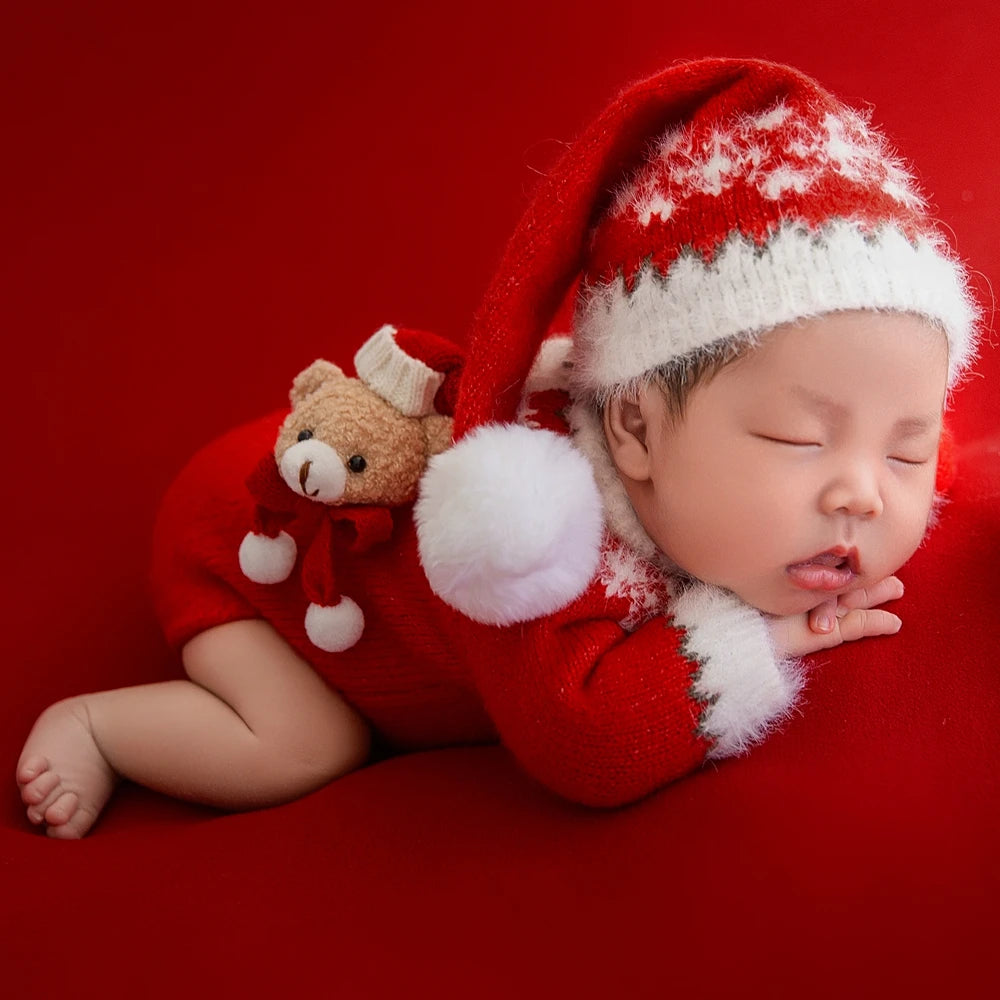 Red Baby Christmas Outfit Newborn Photography Props Knitted Newborn Christmas Clothes Baby Girl Costume Photo Shoot Accessories