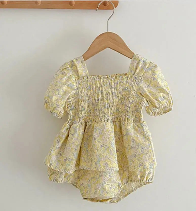 Korean Style Summer Girls Floral Jumpsuit+Hair Band 2pcs