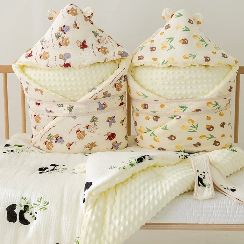 Cotton Flannel Baby Blanket Swaddle Hooded Cartoon Bear Print Winter Warm Baby Quilt Fleece Thickened Newborn Sleeping Bag