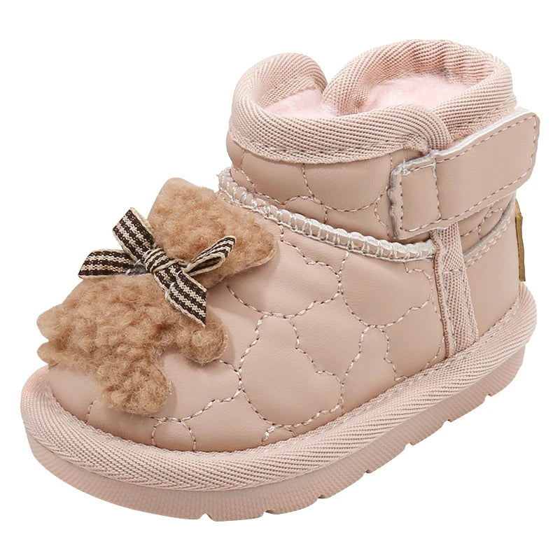 Baby Girls Cute Snow Boot With Cartoon Sewing Beige Pink Warm Ankle Boots With Thick Plush Soft Toddler Kids Boys  Winter Shoes