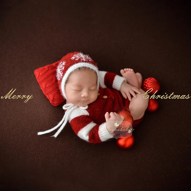Newborn Photography Clothing Crochet Festivals Baby Outfit Red Hat +Jumpsuit 2Pcs/set Studio Baby Photo Prop Accessories