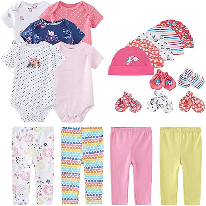 Baby Bodysuits+Pants+Hats+Bibs Cotton Sets