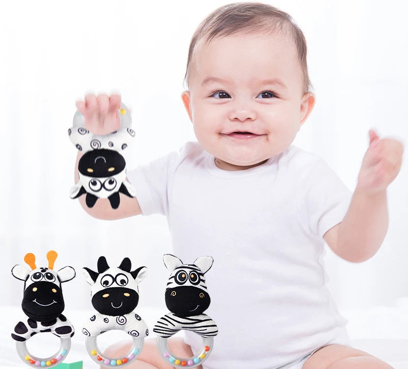 Baby Plush Rattle Toy Soft Stuffed Animal Rattle with Sound Black White Shaker Ring Toys Developmental Hand Grip Toys 0 12 Month