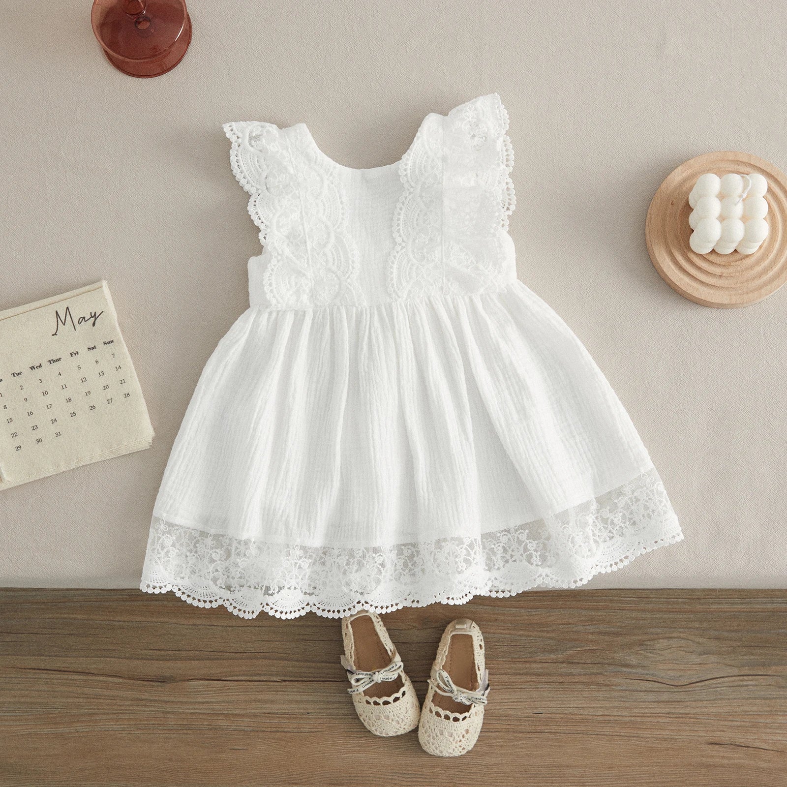 Baby Girls Sister Summer Clothing White V Neck Lace Dress