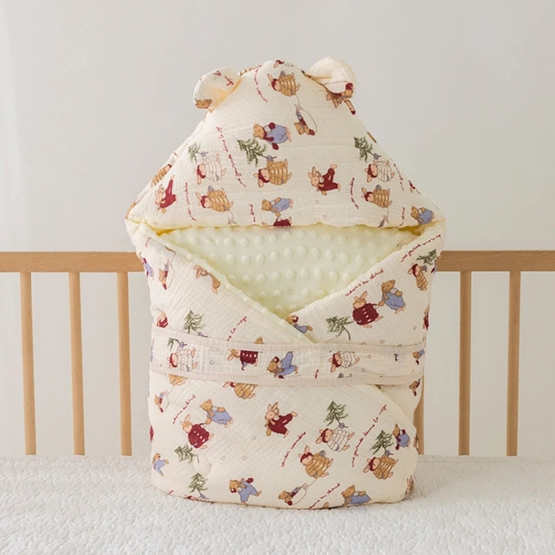 Cotton Flannel Baby Blanket Swaddle Hooded Cartoon Bear Print Winter Warm Baby Quilt Fleece Thickened Newborn Sleeping Bag