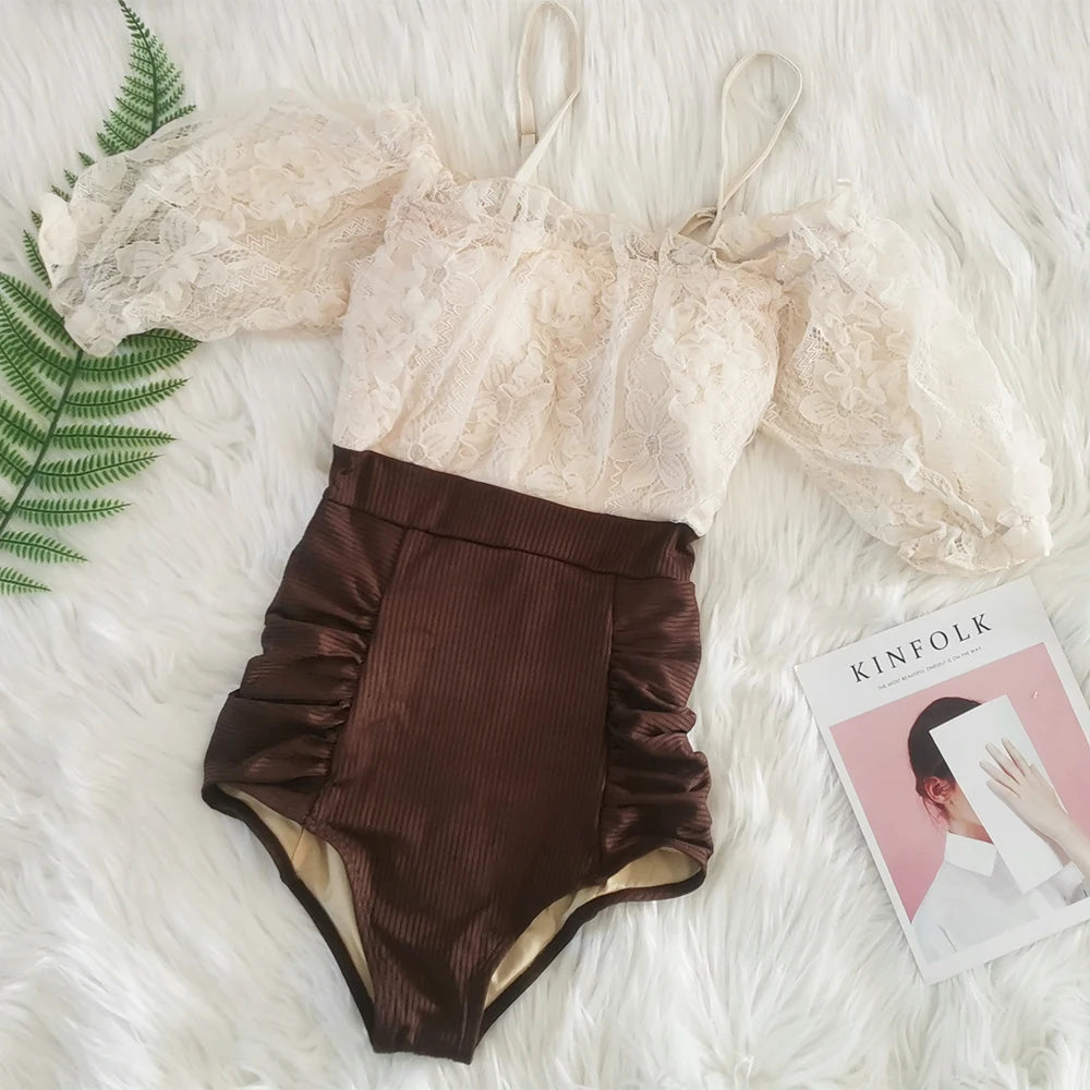 Korean Off Shoulder Flounce One Piece Ruffles Swimsuit